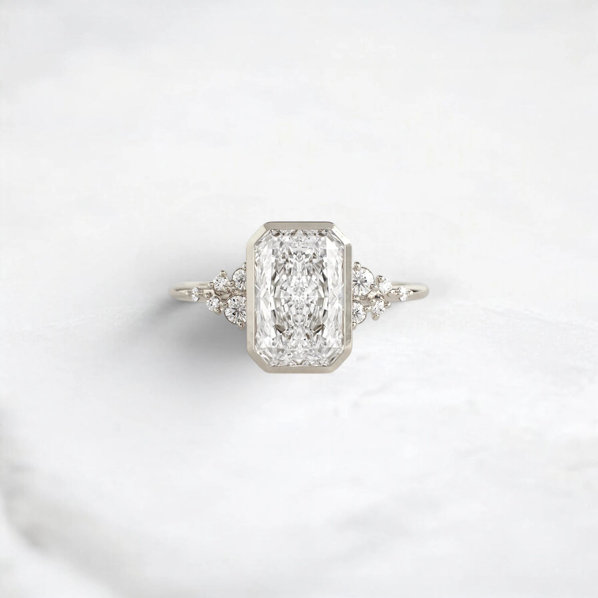 Radiant Cut 2CT Moissanite Bezel with Cluster Engagement Ring