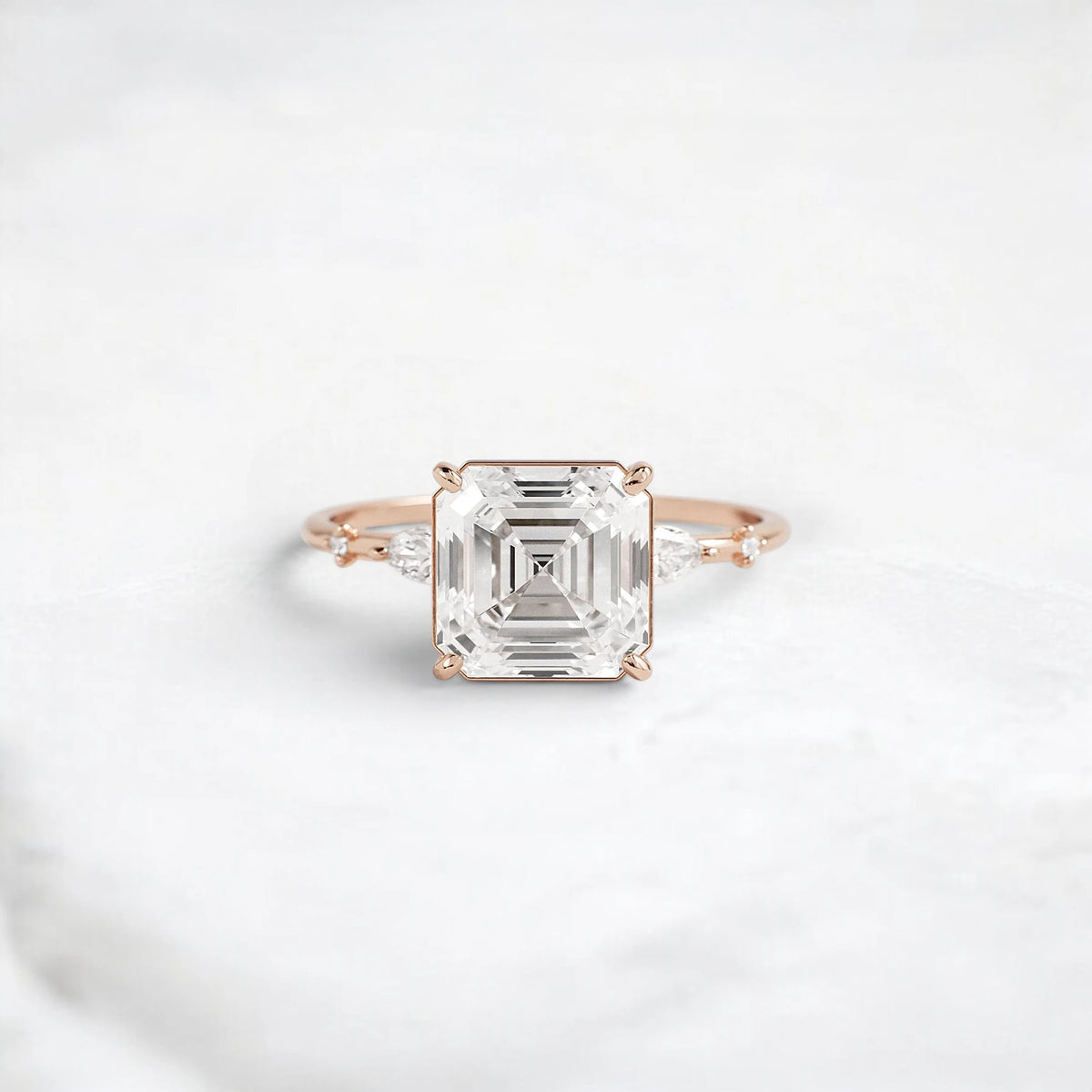 Three Stone 3.0CT Asscher Cut Moissanite Accented Two Marquise And Eight Round Four Prong